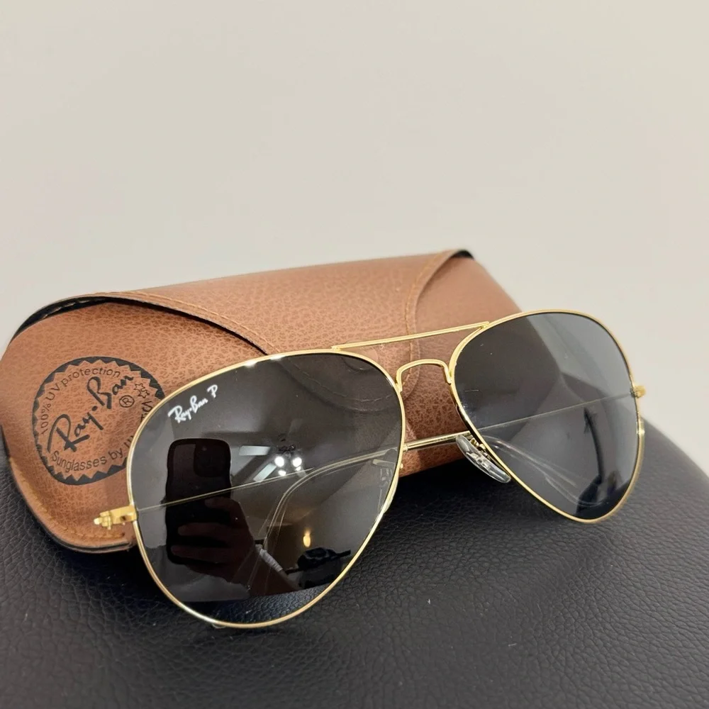 Unisex Ray-Ban Black and Gold Aviator Sunglasses - Picture 6 of 6